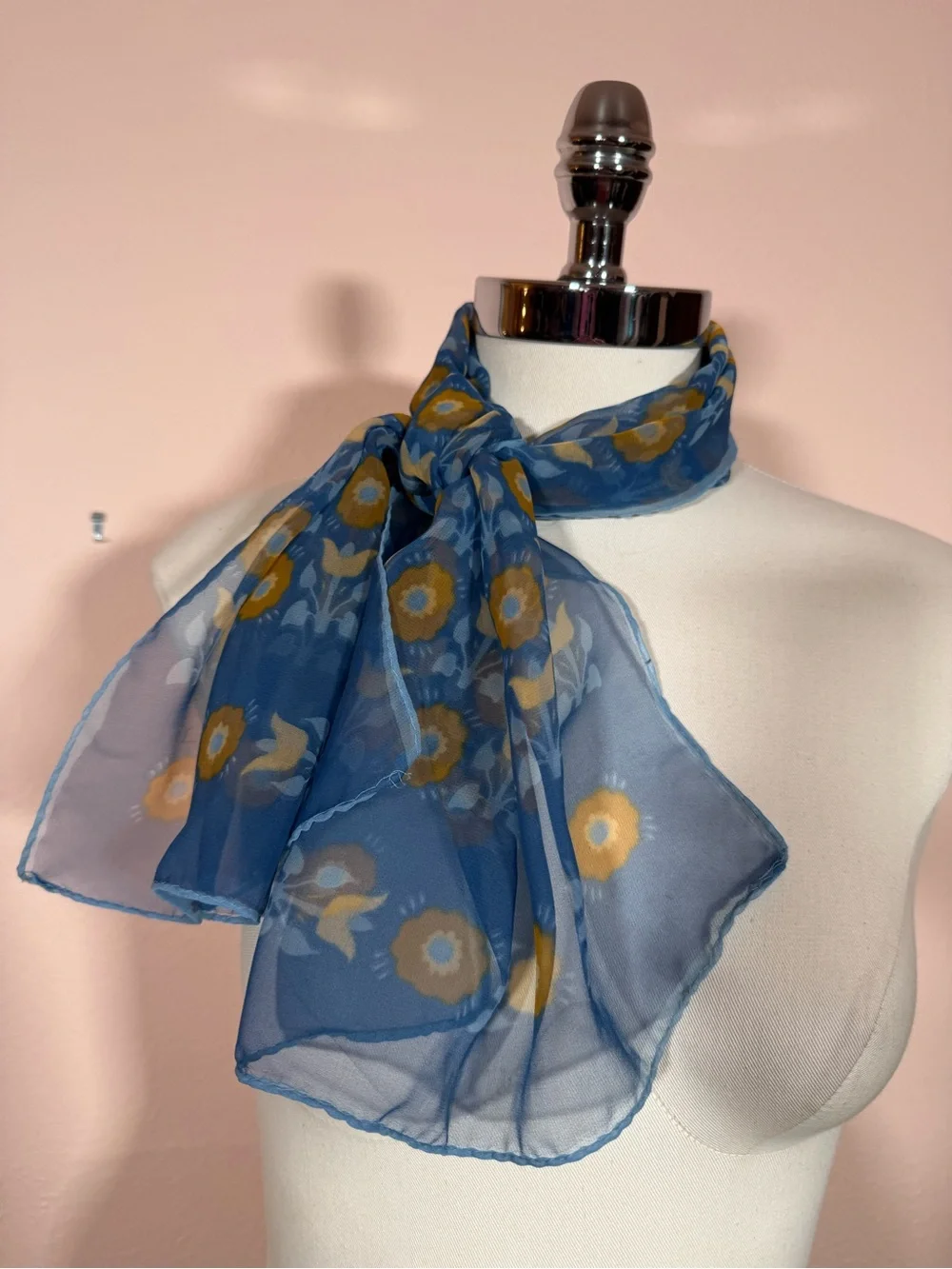 Vintage Cottagecore floral semi sheer blue tan long rectangular scarf